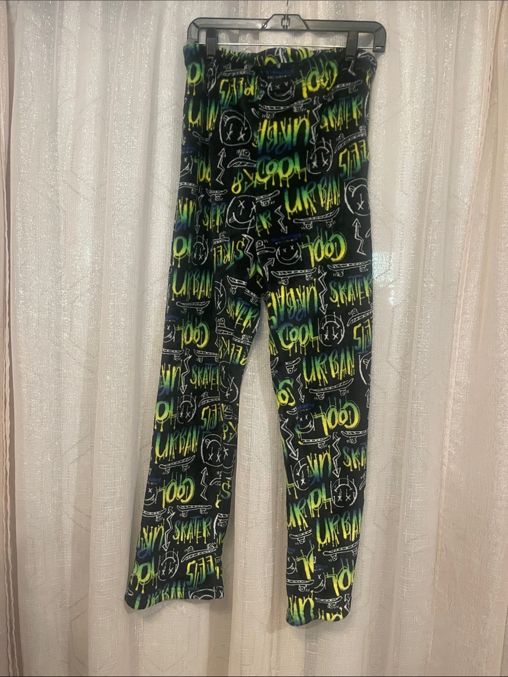 Men’s Black Graphic Skate Joggers with Neon Print Pajamas Never Worn